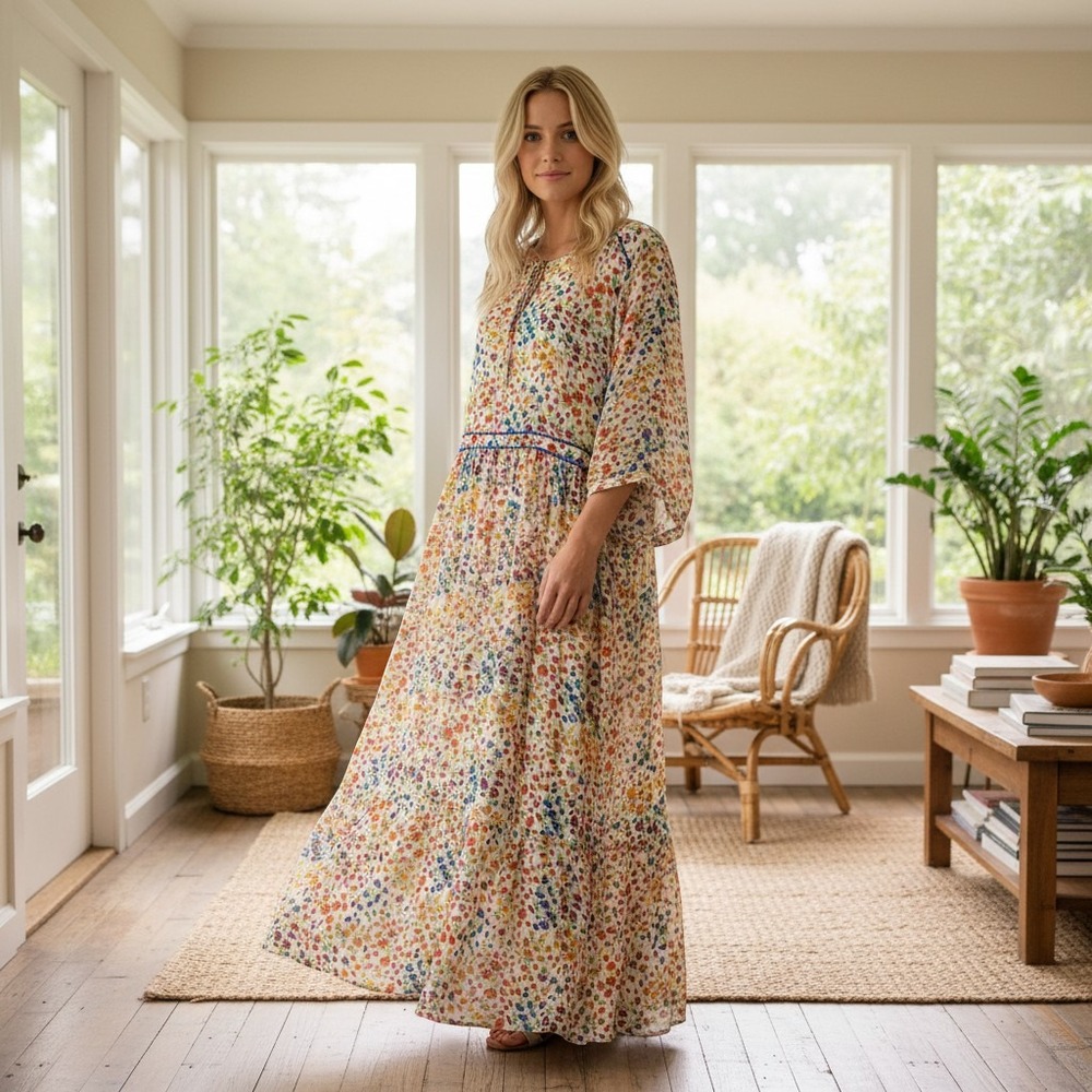 ba&sh Reese Lady Colorful Rainbow Flowy Boho Dress Blanc Floral Midi US 10 Large
